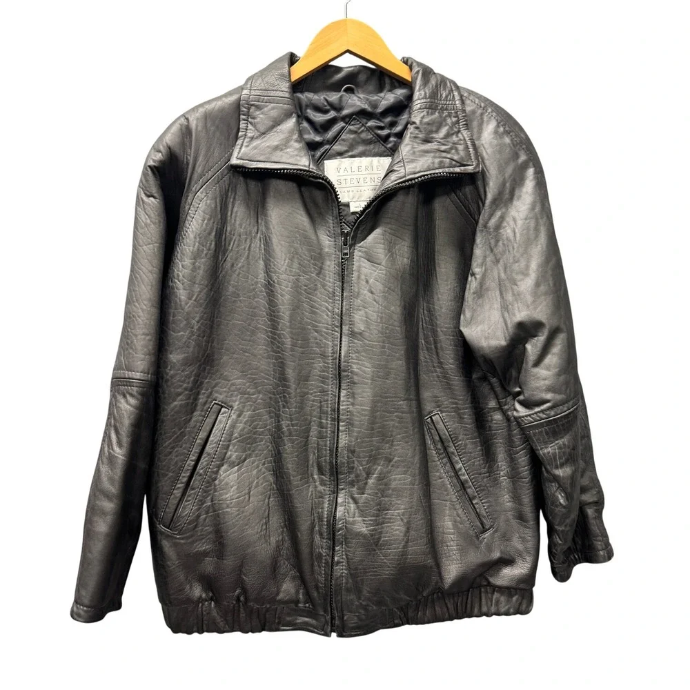Valerie Stevens Bomber Jacket Womens Large Lamb Leather Black Outerwear Vintage